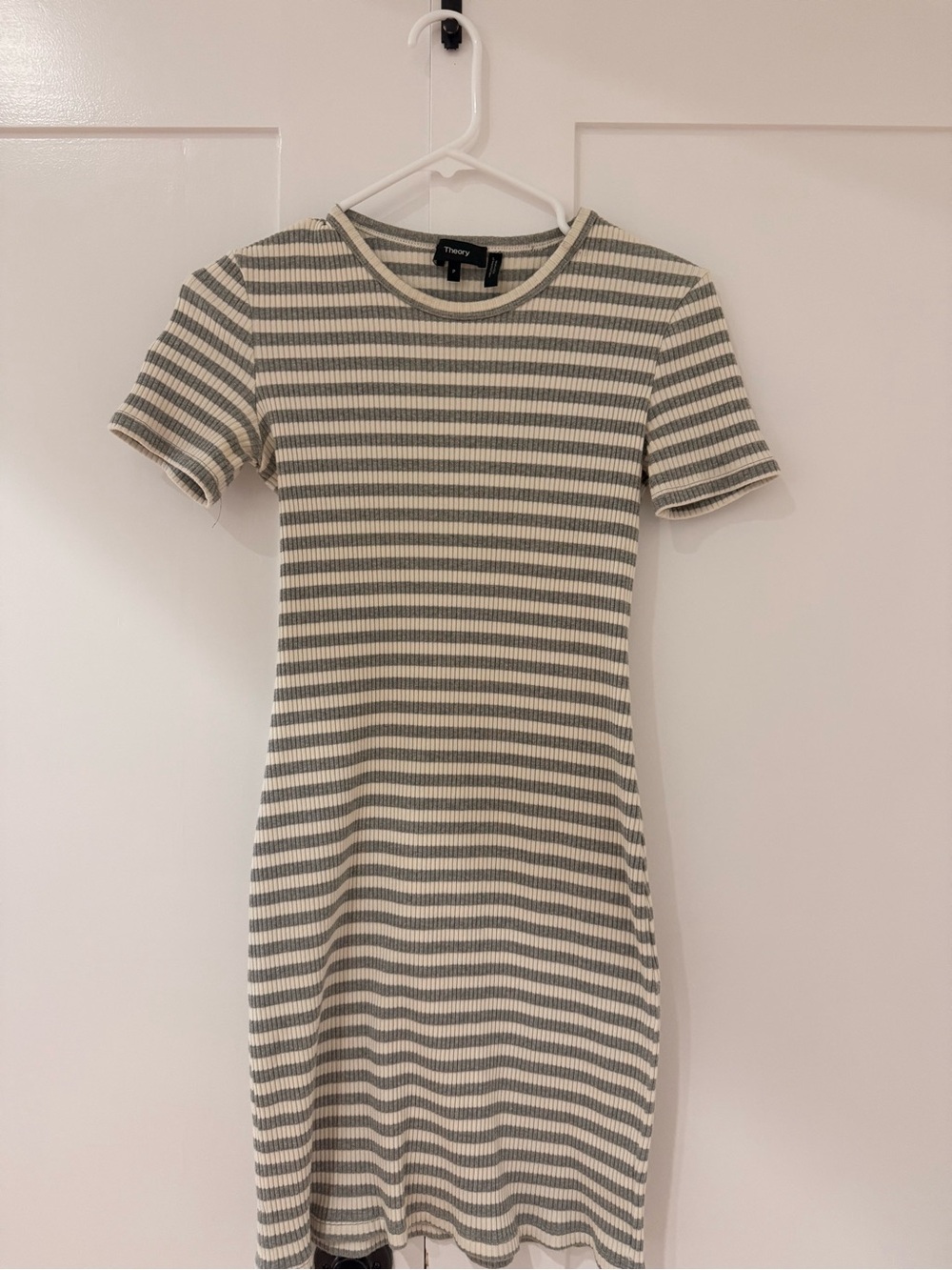 Theory Green and Cream Striped Ribbed Short-Sleeve Mini Dress
